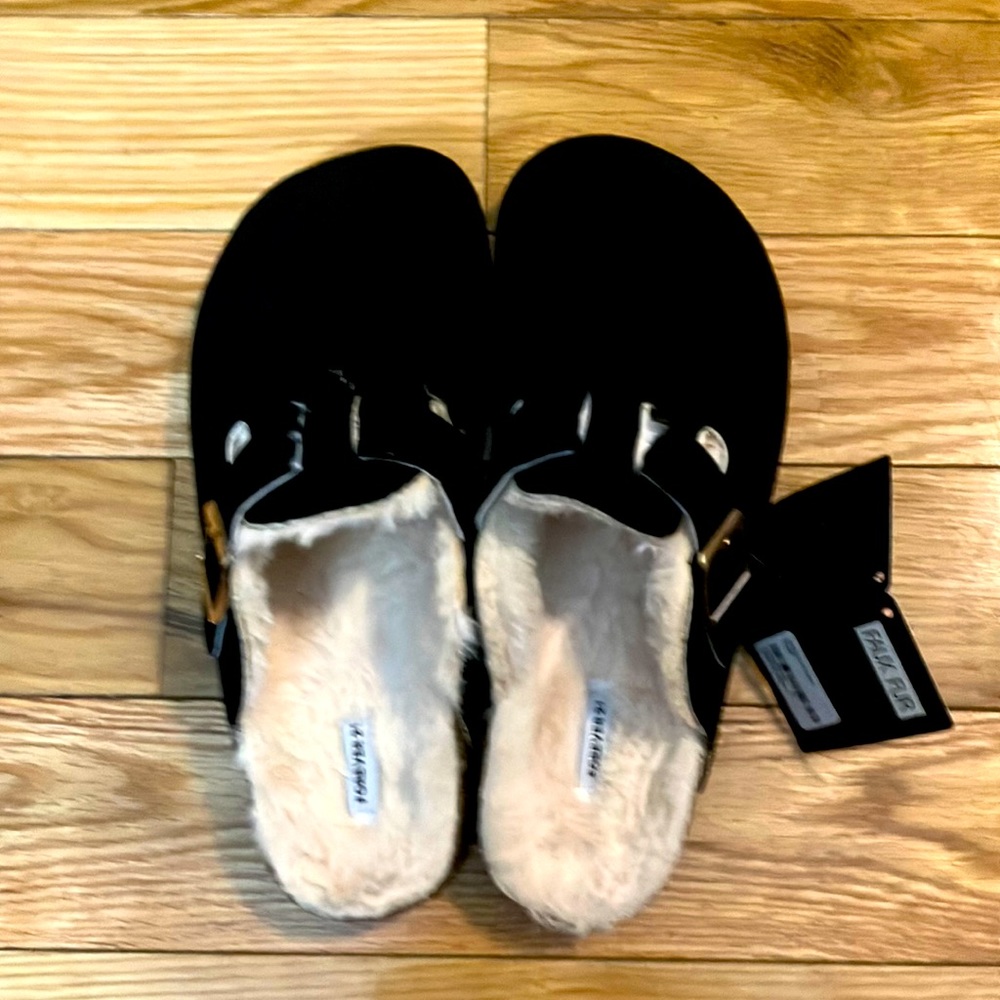 Black Suede fuzzy slippers